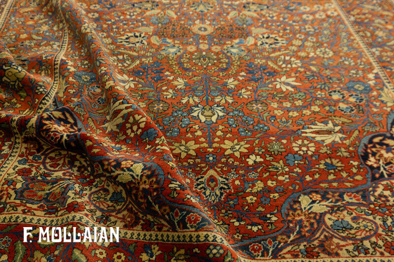 فرش آنتیک ایرانی کاشان محتشم قرمز آجری با طرح گلدانی/درختی کد:۶۰۸۹۳۸۴۳